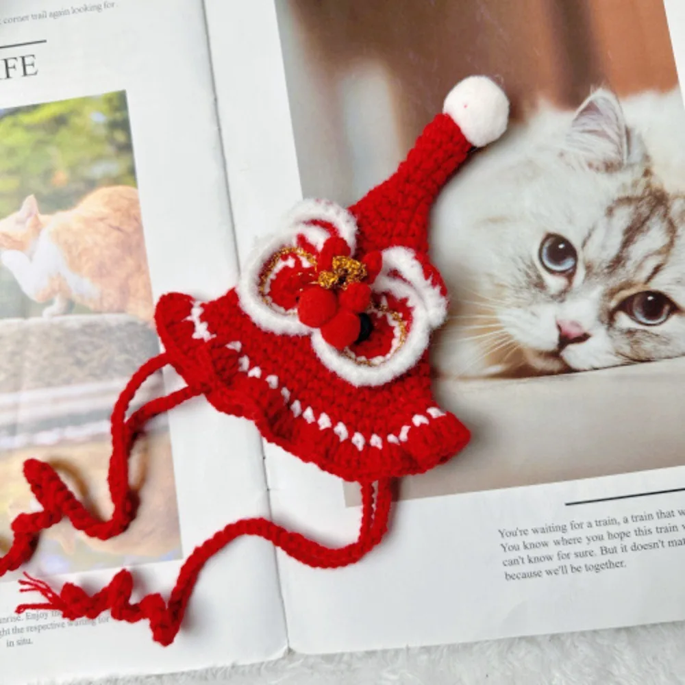 Pet Cat New Year Dog Hand Hook Knitted Beaver Collar Pet Christmas Hat Scarf Dog Accessories Puppy Accessories