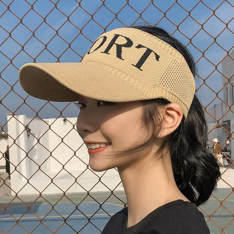 Unisex Knit Open Top Sun Visor Hat, Letter Print Elastic Headband UPF50+ Outdoor Running Sports Empty Top Cap