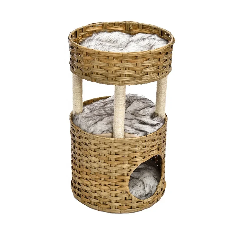 

-Высококачественное роскошное новое стильное дерево для домашних животных ручной работы из искусственного ротанга, круглый кошачий домик