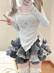 Conjunto feminino de 2 peças de estampa de coelho, tops finos femininos, saia fofa para o outono, saia de bolo de princesa japonesa e kawaii, doce terno coreano, 2023