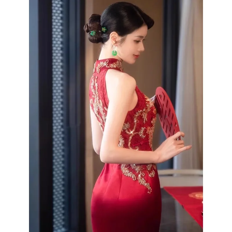 Осенняя традиционная китайская одежда Qipao, красное платье Ципао без рукавов с воротником-стойкой и вышивкой, свадебное платье, элегантное вечернее