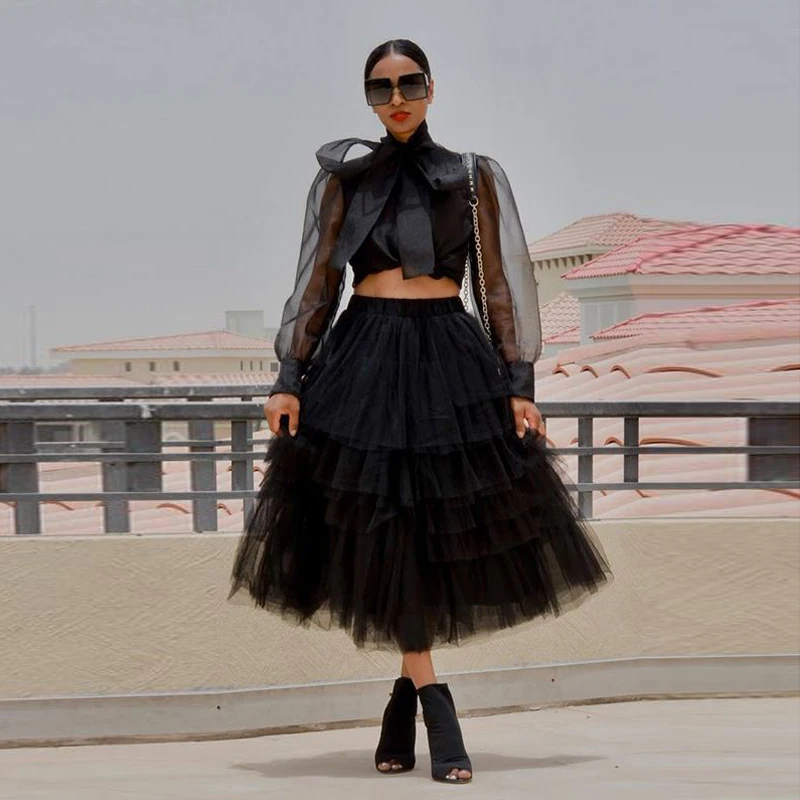 

Fashion Black Tiered Tulle Skirts Women Fluffy Tutu Tulle Maxi Skirt Elastic Waistband Mid Calf Tulle Skirt