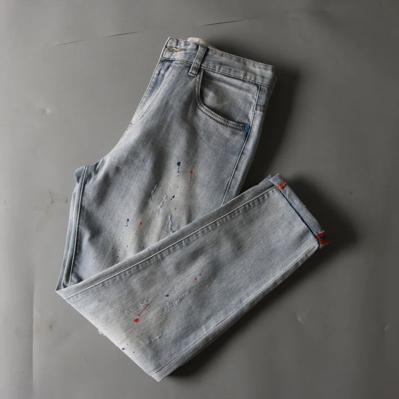 

Trendy Men's Distred Straight Leg Jeans Casual Nine Points Cotton Denim Spring Autumn High Waist Slim Fit Straight Tube Jeans