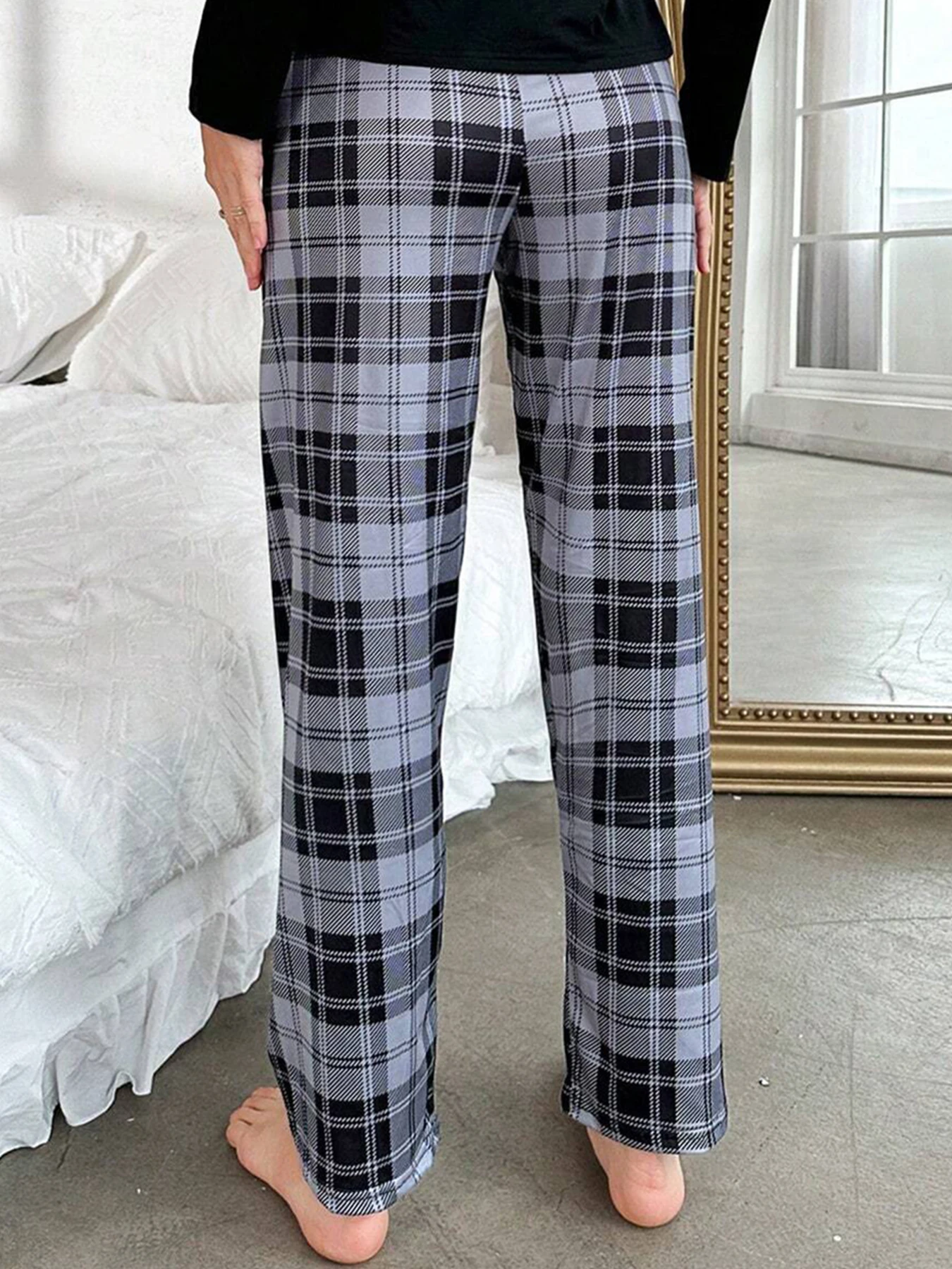Spring, Summer, Autumn and Winter Women's Casual Classic Contrasting Check Pencil Pants Homewear Sleep Pants