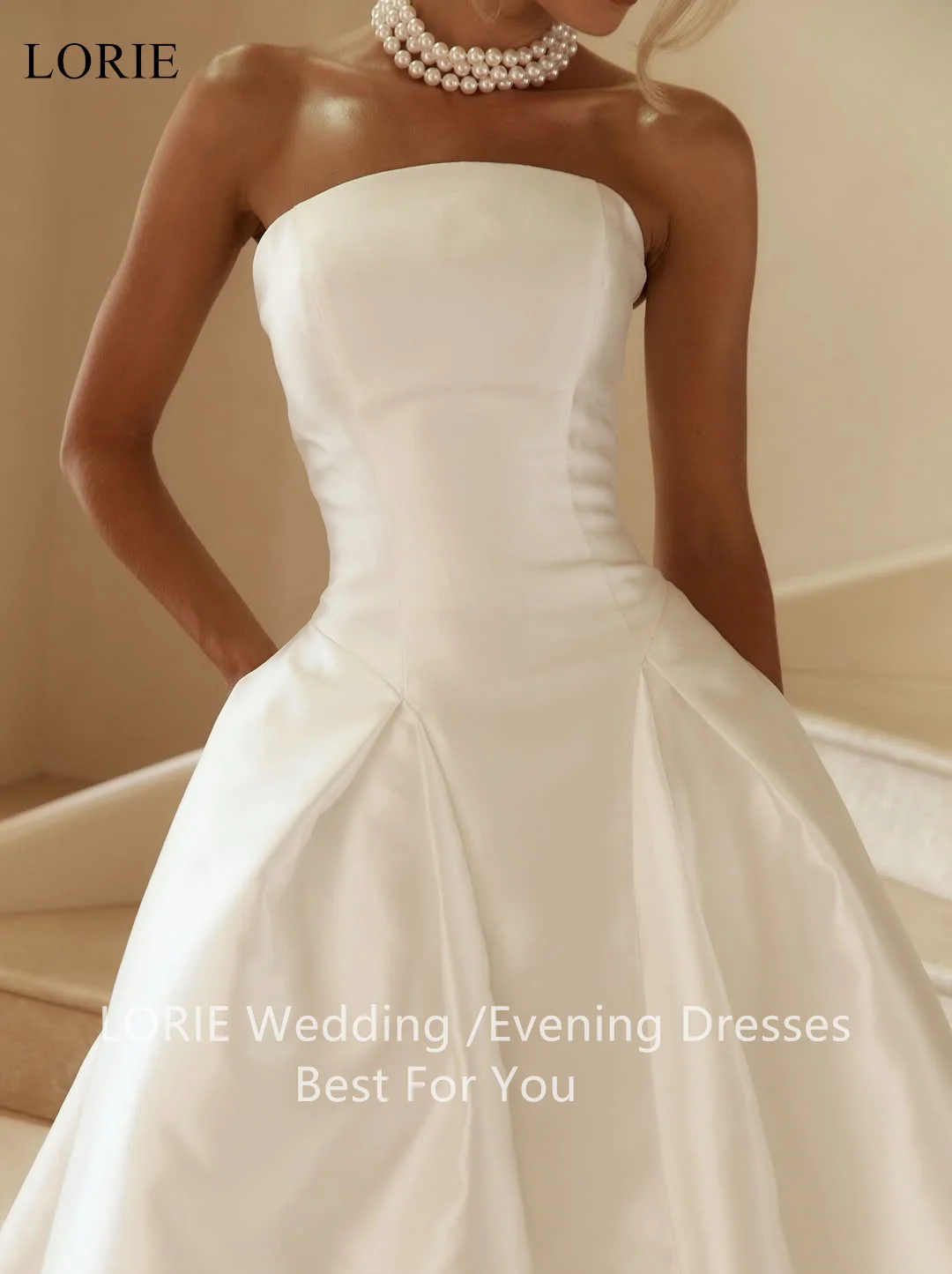 LORIE Abiti da sposa eleganti senza spalline in raso A-Line senza maniche Abito da ballo da sposa Abiti da sposa pieghettati avorio personalizzati