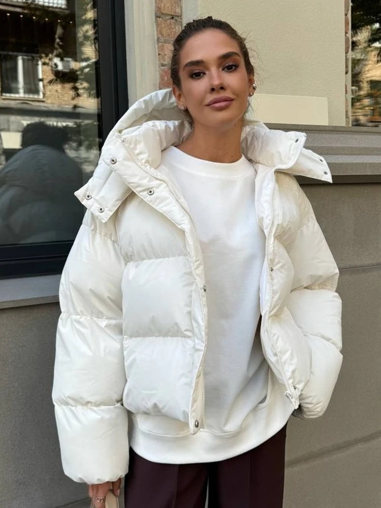 Tossy Casual Solid Hooded Short Parker Coat For Women Warm Long Sleeves Loose Pocket Zipper Winter Long Sleeves 2025 Parker Coat