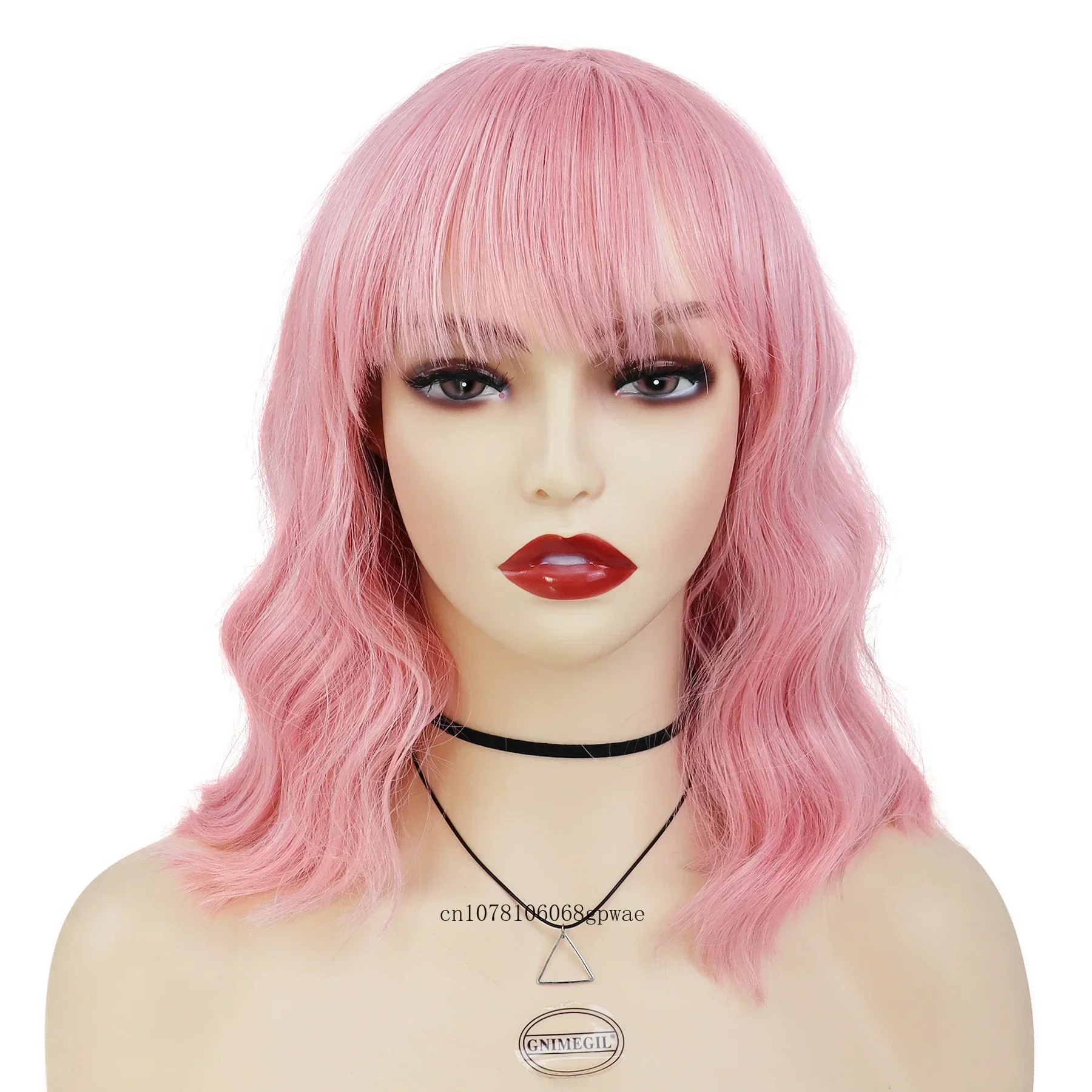 Lolita Pink Wig Synthetic Hair Fluffy Short Curly Wavy Bob Cosplay Wigs with Bang for Women Girl Lady Dress Party Heat Resistant