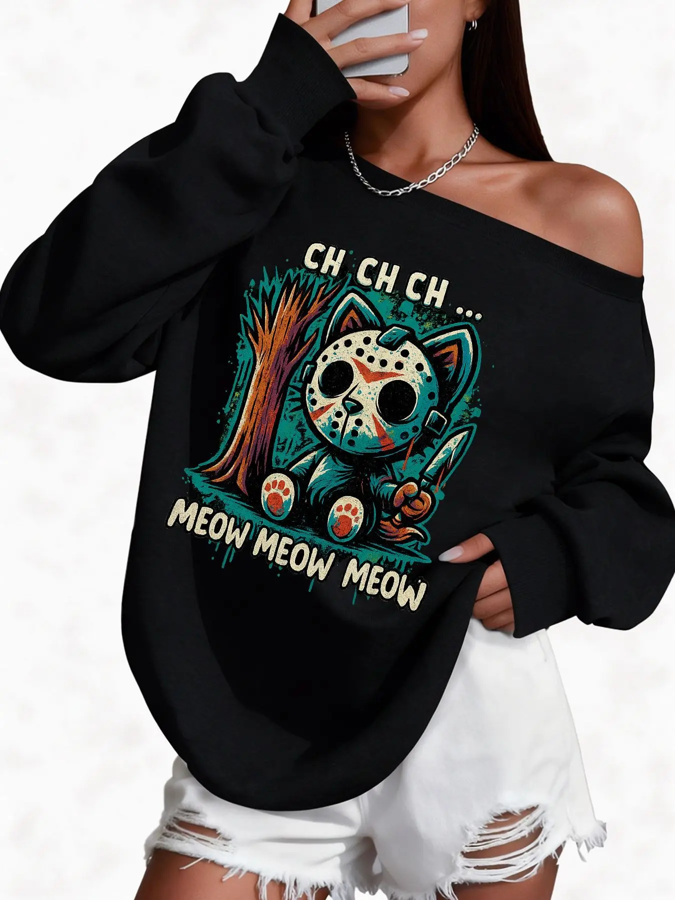 Picture 3: Plus Size 50% Cotton Funny Cat Horror Movie Print Graphic Sweatshirt High Quality Women'S Off-Shoulder Wide Neck Sweatshirt W