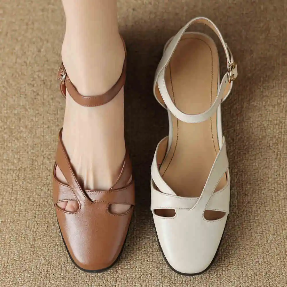 Women\'s sandals summer 2023 cow leather round toe ankle strap flats sandals british style hollow-out narrow band summer shoes