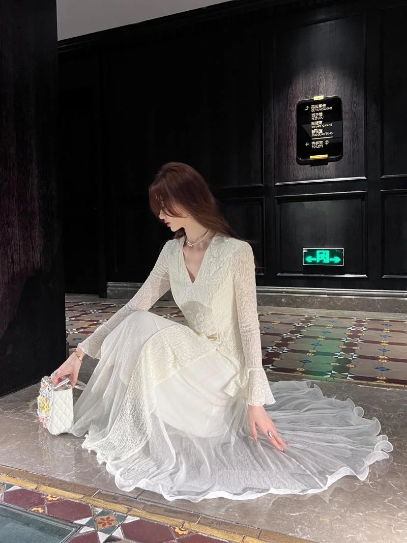 Canglan Jue 2.0 Wool Lace Light Luxury Heavy Industry Fairy Dress Xiao Lanhua Fairy Dress Women Korea Dress White Princess Dress