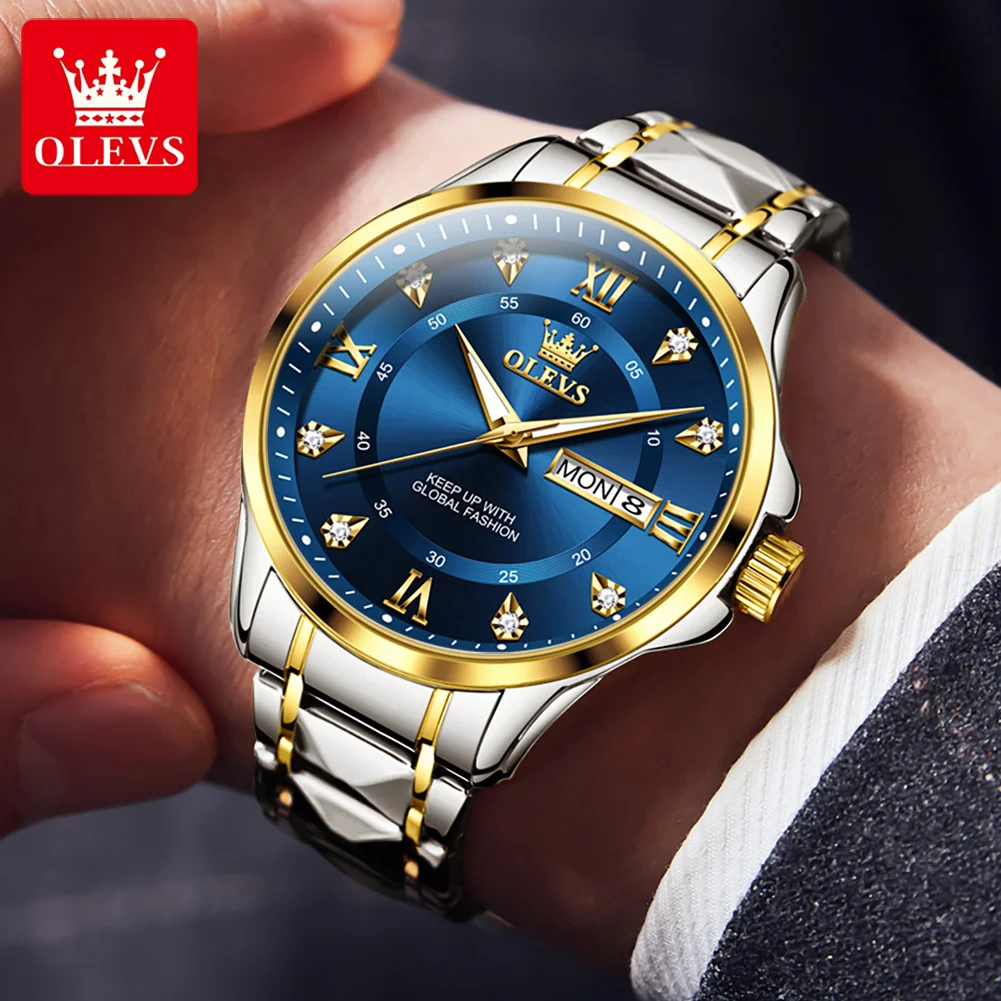 OLEVS Men\'s Watch No.2906 Fashion Business Original Quartz Watches Rhombus Stainless Steel Waterproof Luminous Week Date Display