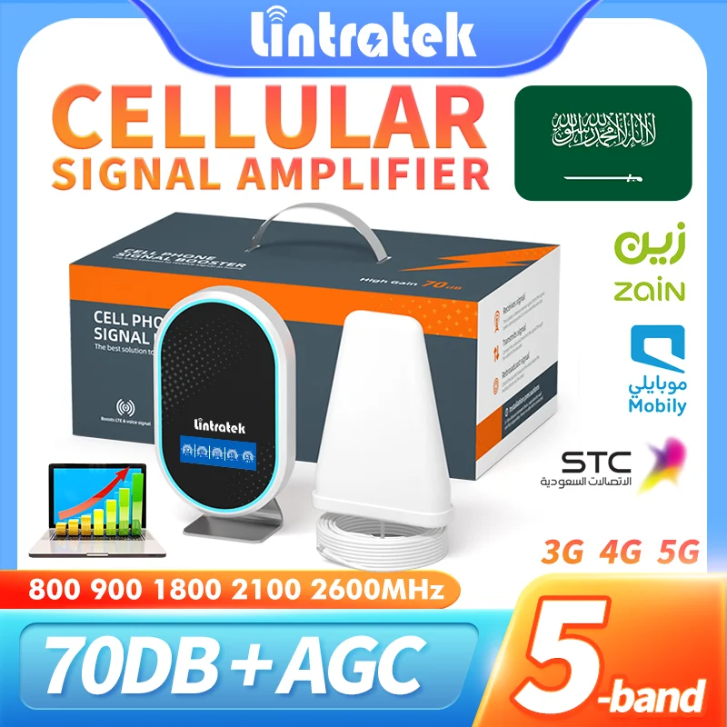 

Lintratek Cellular Amplifier 5-Band B20 B8 B3 B1 B7 Cellular signal amplifier 5G 4G Wireless Repeater AGC Built-in Antenna Kit
