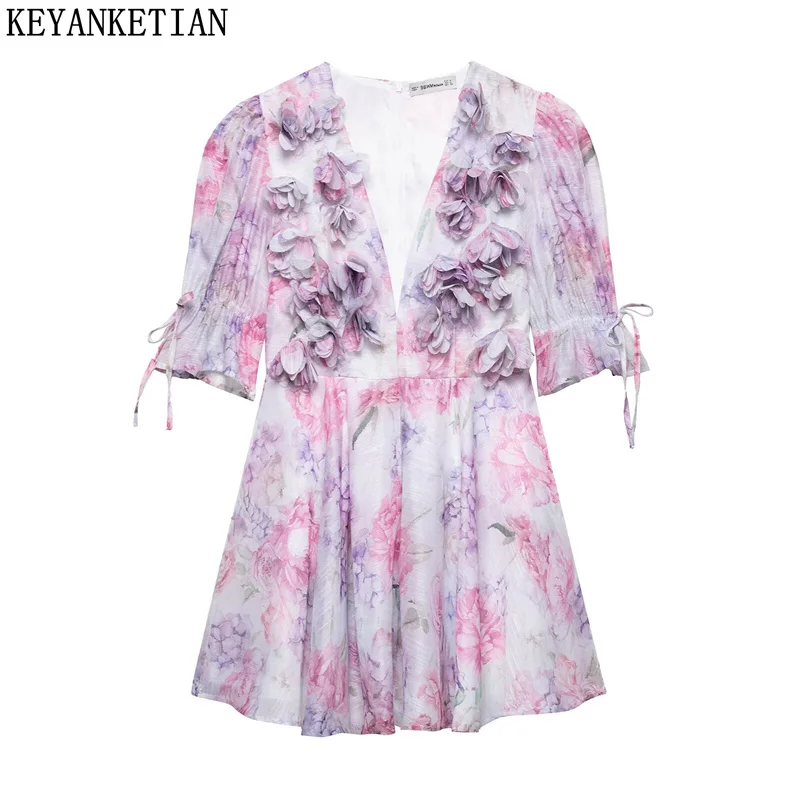 

KEYANKETIAN, новое летнее женское мини-платье с цветочным принтом и аппликацией, тонкие платья с v-образным вырезом во французском стиле и бантом с короткими рукавами