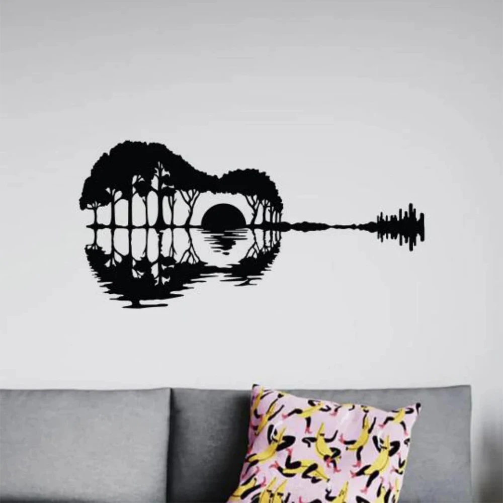 Guitar Sunset Wall Decal Vinyl Sticker Tree Lake Music Wall Sticker Musical Decor for Bedroom Teen Room Decoration Poster S324