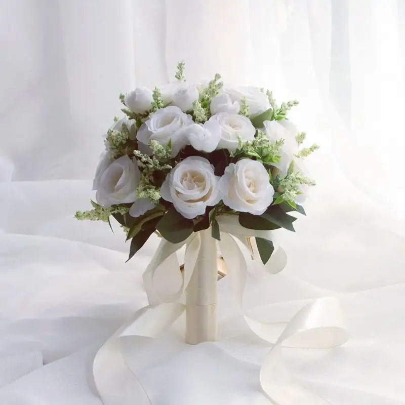 Ramo de Novia para Damas de Honor, Flores de Seda Blancas, Rosas Hechas a Mano, Ramo de Novia Artificial, Accesorios para Boda