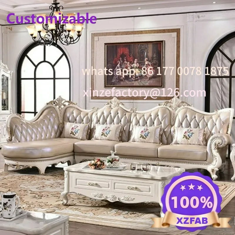 

Customizable European first-layer cowhide princess sofa combination, villa living room leather solid wood carving flower modern