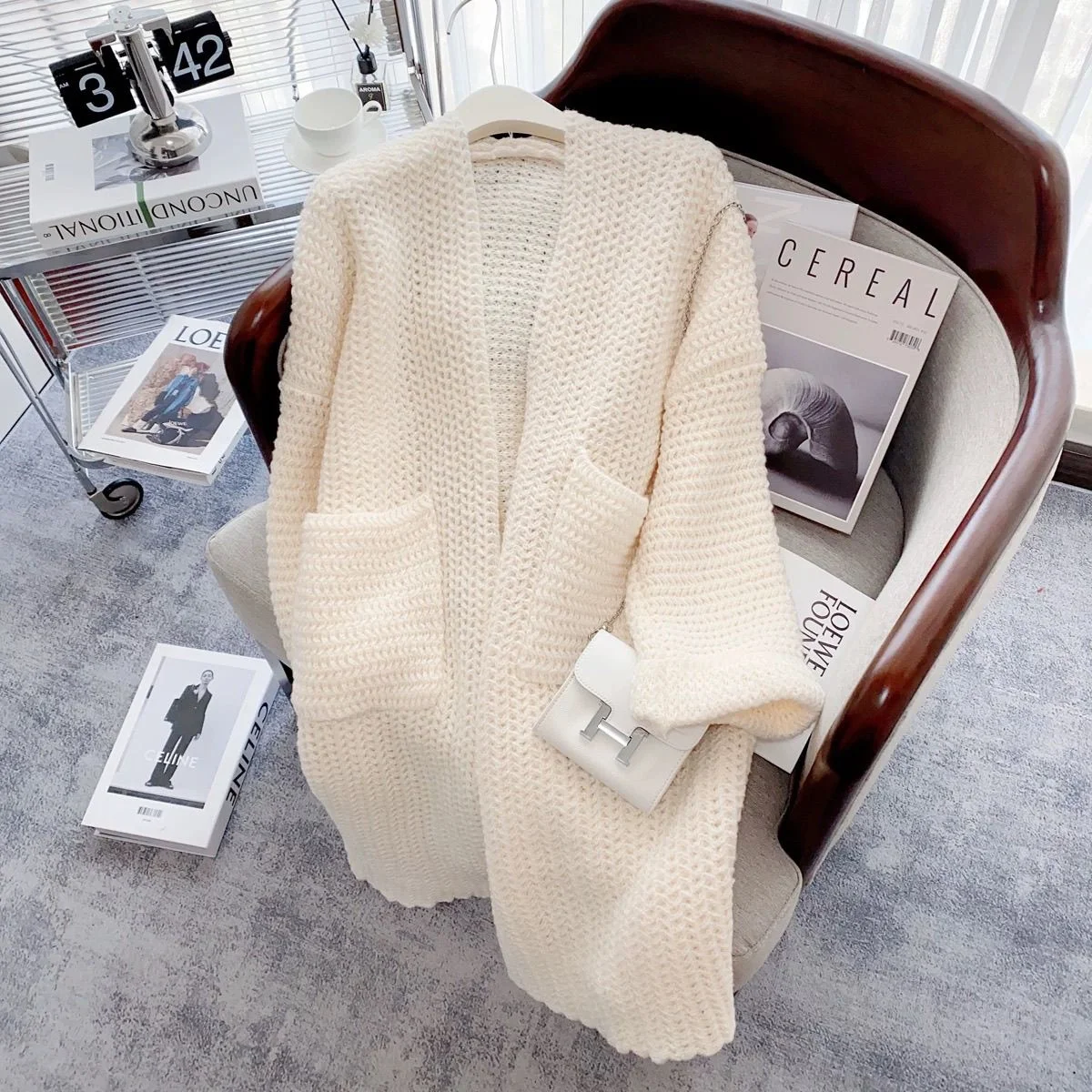 

Mid-Long Cardigans Ladies Womens Spring Boho Tunic Button-Decorated Athleisure Sporty Fabric Hooded Boxy Petal-Sleeve Lettuce OL