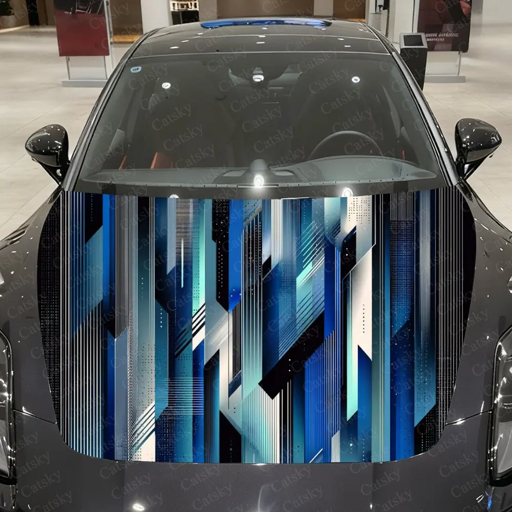 

Cyber Geometric Blue-Silver Gradient Car Vinyl Wrap, PVC Waterproof Car Hood Sticker, Self-Adhesive Scratch-Resistant Stickers