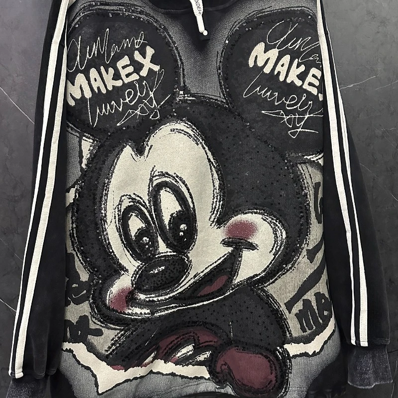 Heavy Industry New Sequin Print Cartoon Y2k Hooded Sweatshirt For Women's Loose Casual Fashion Top Pullover Sudaderas De Mujer