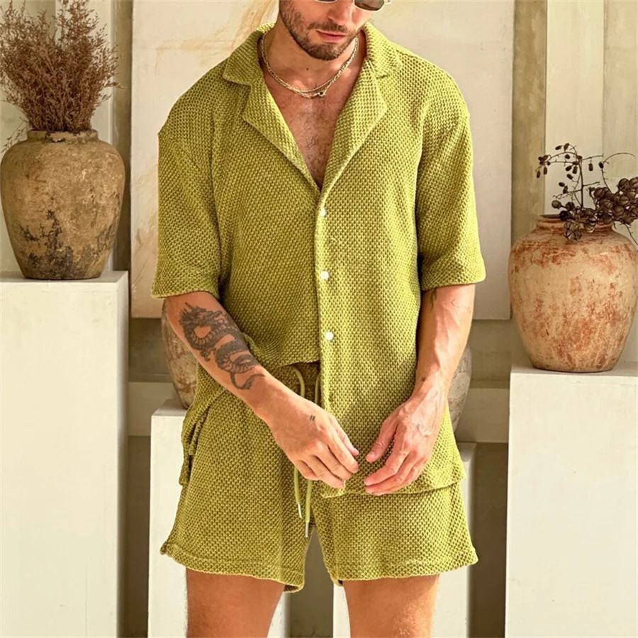 Breathable Knitted Men‘s Shorts Set Summer Casual Short Sleeve Shirt and Shorts Two Piece Suits Men Outfits Sports Clothes