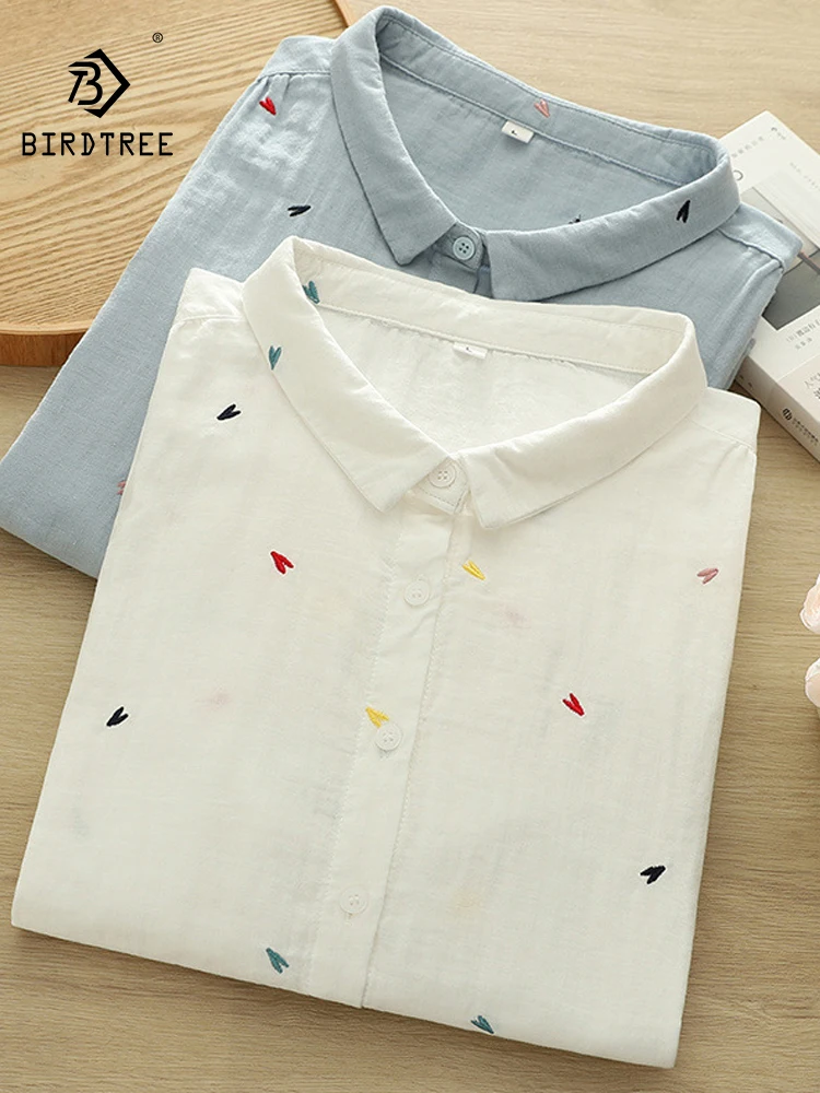 

New 2025 Summer Cotton Yarn 3/4 Sleeve Shirt, Women Turn-down Collar Embroidery, Mori Girl Soft Versatile Loose Blouse T57817CC