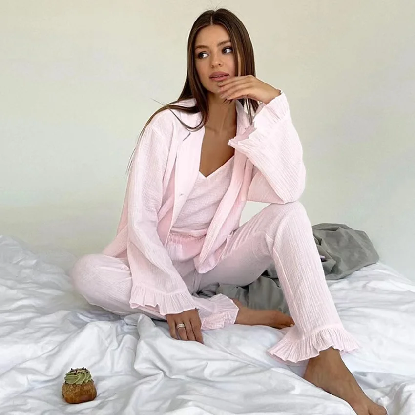 طقم بلوزات وسراويل فضفاضة طويلة مع حزام تي شيرت قطعة ملابس منزلية مادة قطنية مجموعة ملابس الخريف النسائية #3