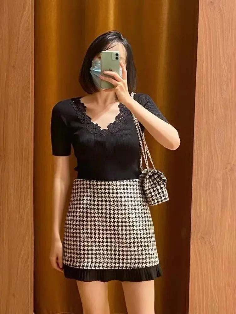 

Women Ruffles Spliced Skirt Houndstooth High Waist A-Line Zipper Elegant Mini Jupe