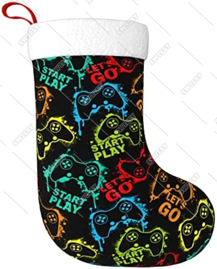 Gamer Gifts Personalized Christmas Stocking Large Xmas Stockings Fireplace Hanging Stockings for Family Holiday Party Decoration