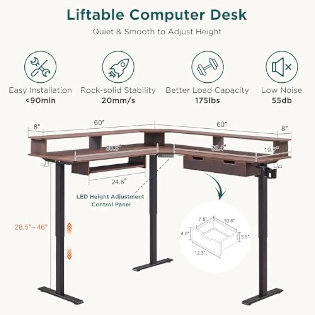 Electric L Shaped Standing Desk 60 x 60 Inches Adjustable Height with RGB LED Lighting 12 Scene Modes Built In Outlets Keyboard