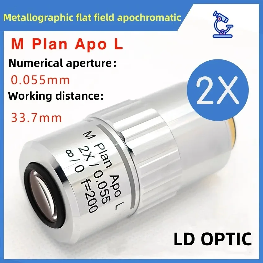 2X Metallographic flat-field apochromatic ultra-long working distance objective lens. APO infinity microscope objective lens.