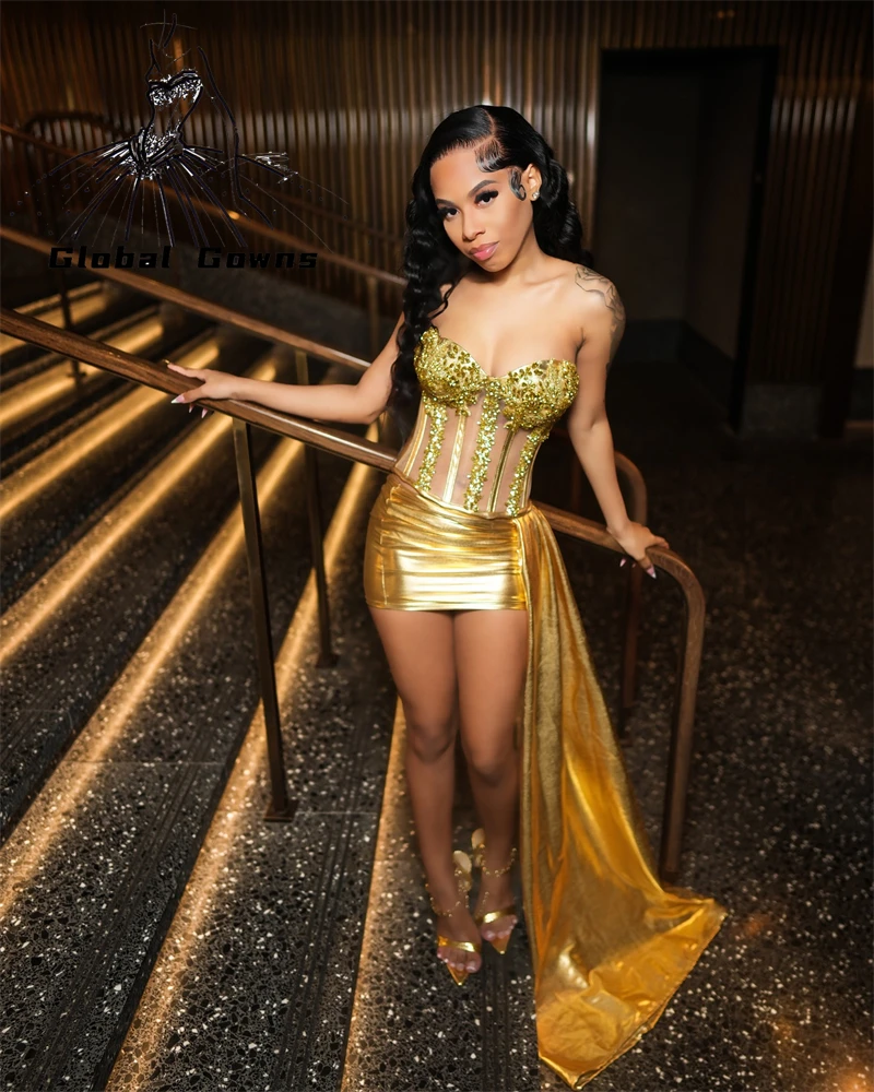 

Gold Strapless Prom Dresses Short Side Train Mermaid Celebrity Party Gowns Bead Mini Cocktail Homecoming Customized