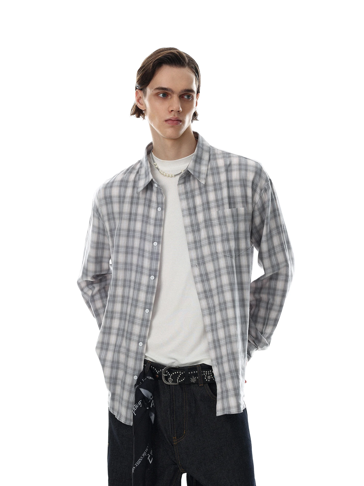 MR NEARLY American Style Vintage Plaid Color Block Long Sleeve Men's Loose Casual Commute Shirt Breathable Cotton Comfortable