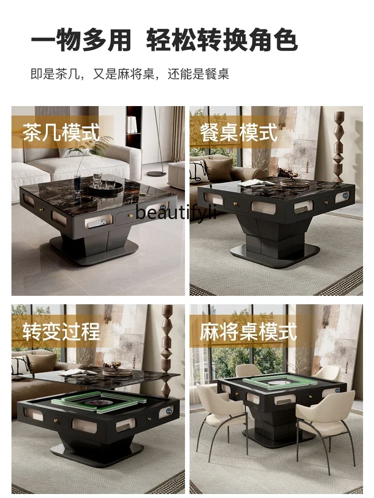 pgElectric light luxury rock slab lifting mahjong table dining table modern simple household with induction cooker coffee table