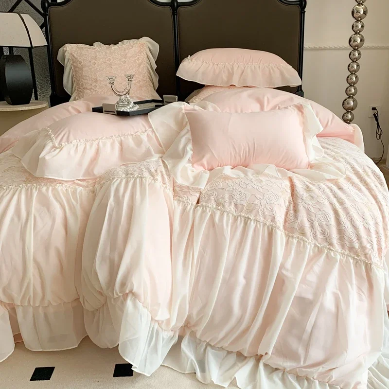 

Pink Princess Bedding Set Korean Style Chiffon Lace Hollow out Embroidery Ruffles Duvet Cover Bed Sheet Pillowcases Home Textile