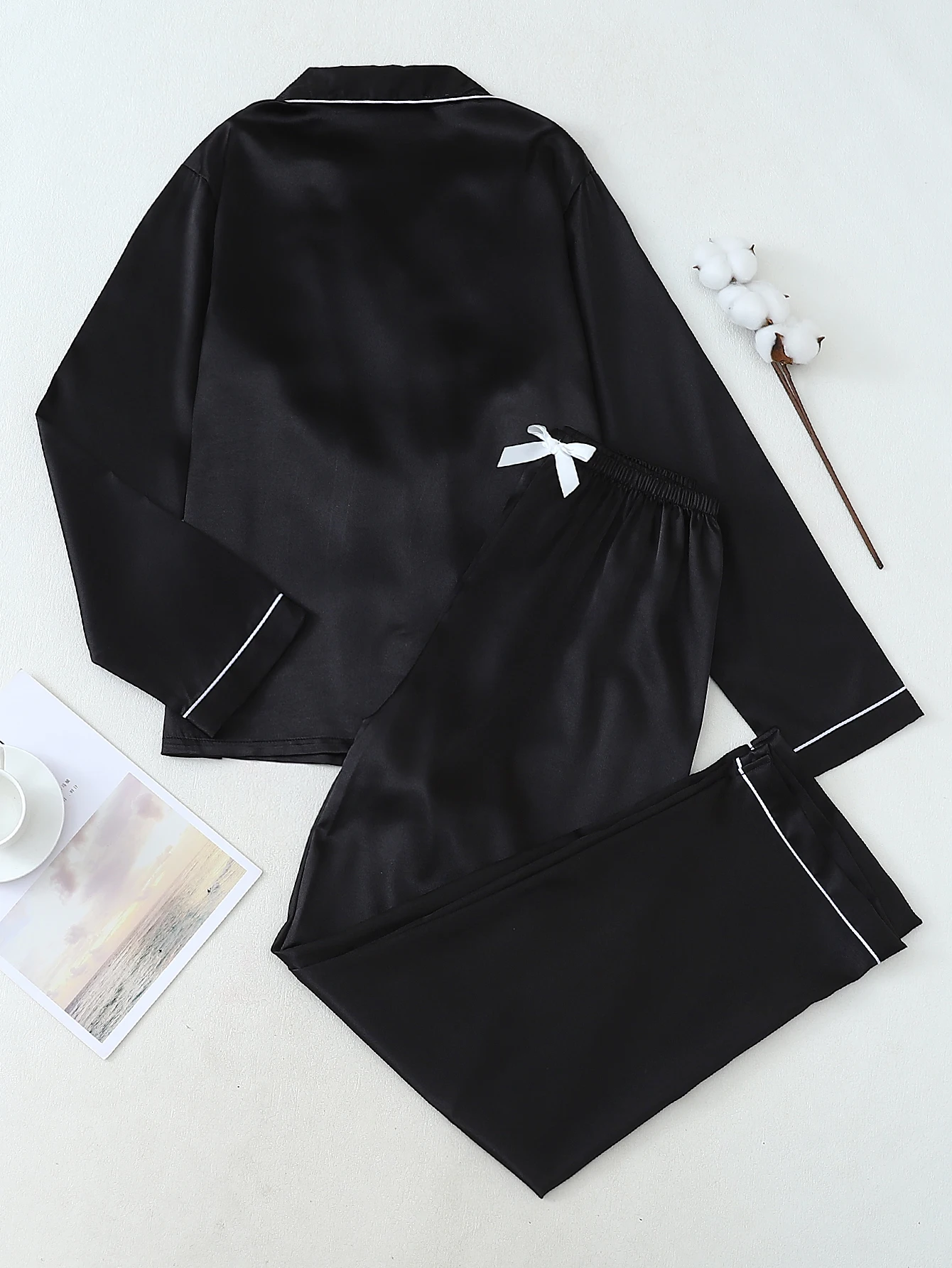 طقم بيجامة من الساتان بلون سادة للسيدات للخريف والشتاء مكون من قطعتين، بلوزة بأزرار سفلية وسراويل طويلة، طقم ملابس نوم كاجوال مناسب للاستخدام المنزلي #2