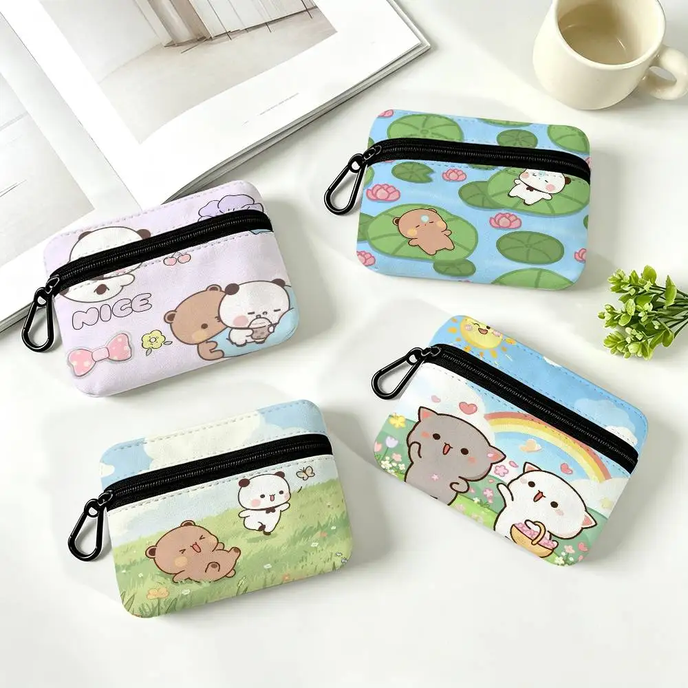 Cartoon Bubu and Dudu  Cloth Coin Purse With Carabiner Hook Portable Key Card Wallet Small Zipper Storage Pouch