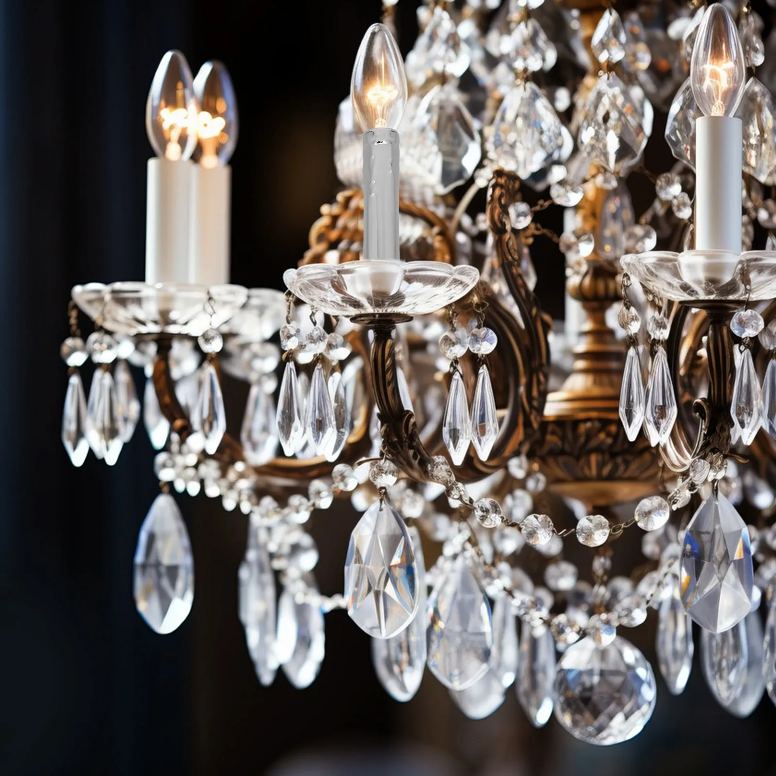 6Pcs Metal Hanging Lamp Base Covers European Tear-Drop Embossed Style Candelabra Sleeve Covers for E14 Bulbs Chandelier Lighting
