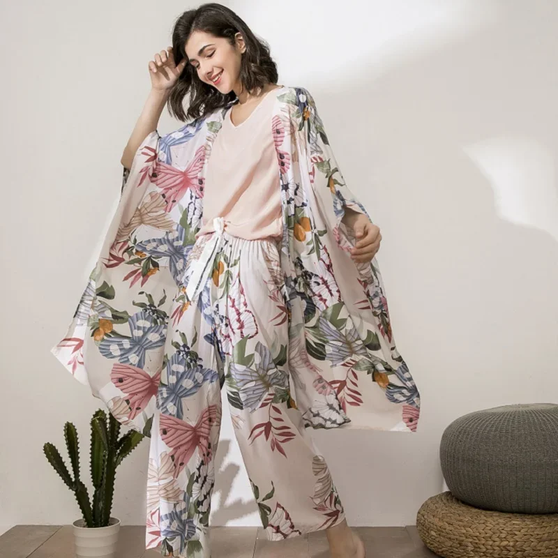 Women Pajamas Sets Autumn Butterfly Floral Printed Elegant 4 Piece Pyjamas Set Viscose Female Night Suits Pyjamas Sets 2021