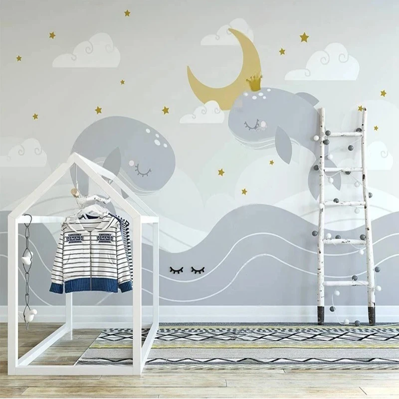 

Обои на заказ в скандинавском стиле, ручная роспись, мультяшный Кит, дизайн, фреска для детской комнаты, украшение стены, фон, настенное покрытие