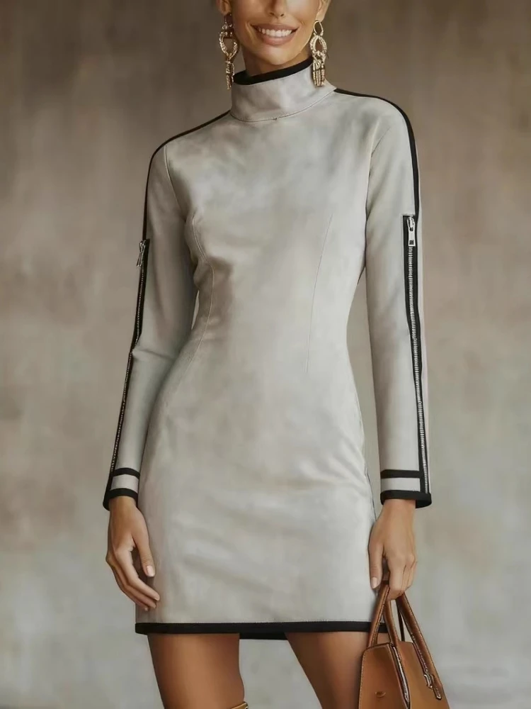 

Замшевое платье в стиле ретро, женское элегантное водолазка на молнии, тонкие мини-платья, весенняя женская одежда с длинными рукавами