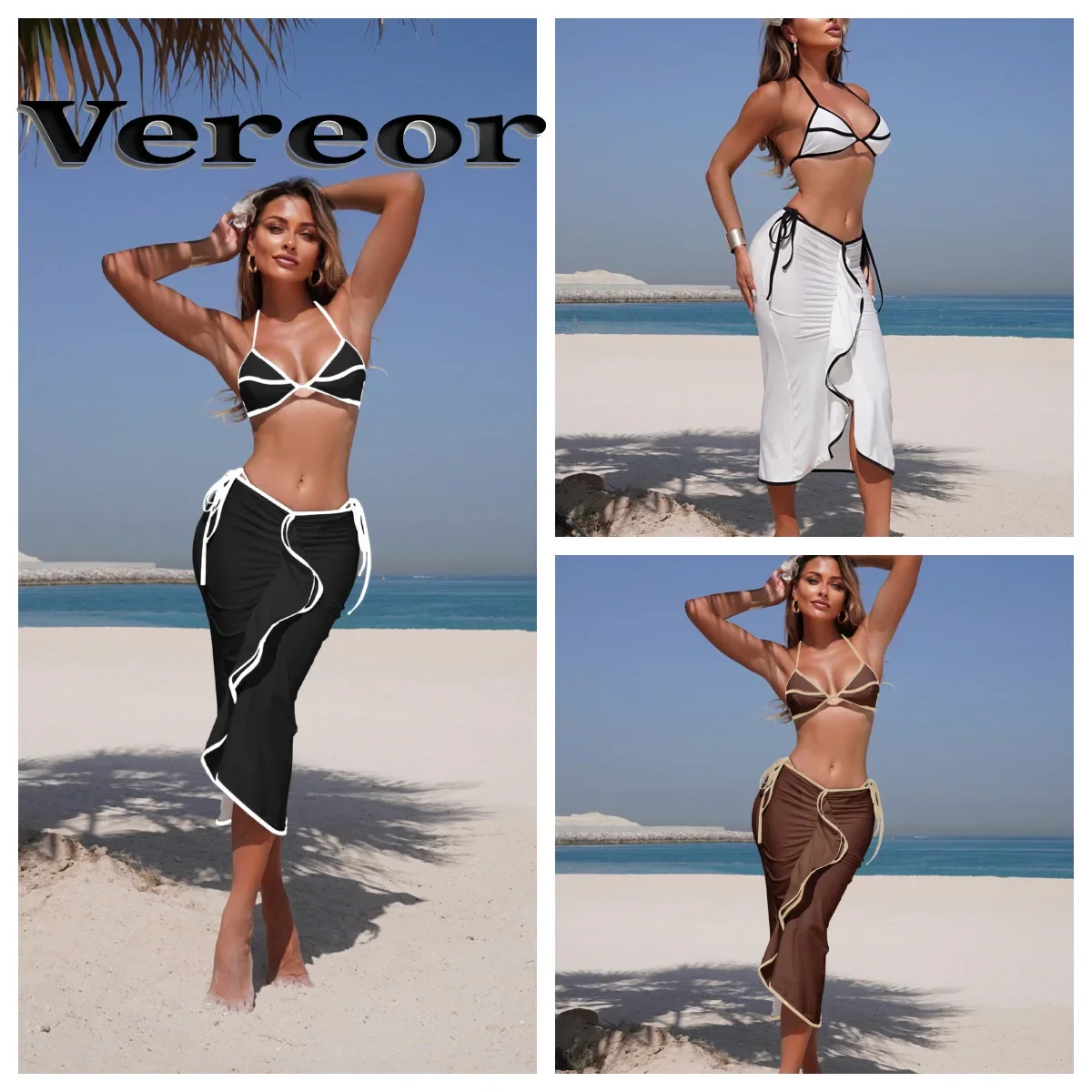 

Sexy Solid Color 3-Piece Women's Swimwear Set 2025 - Bikini with Cover-Up Dress for Beach Vacation