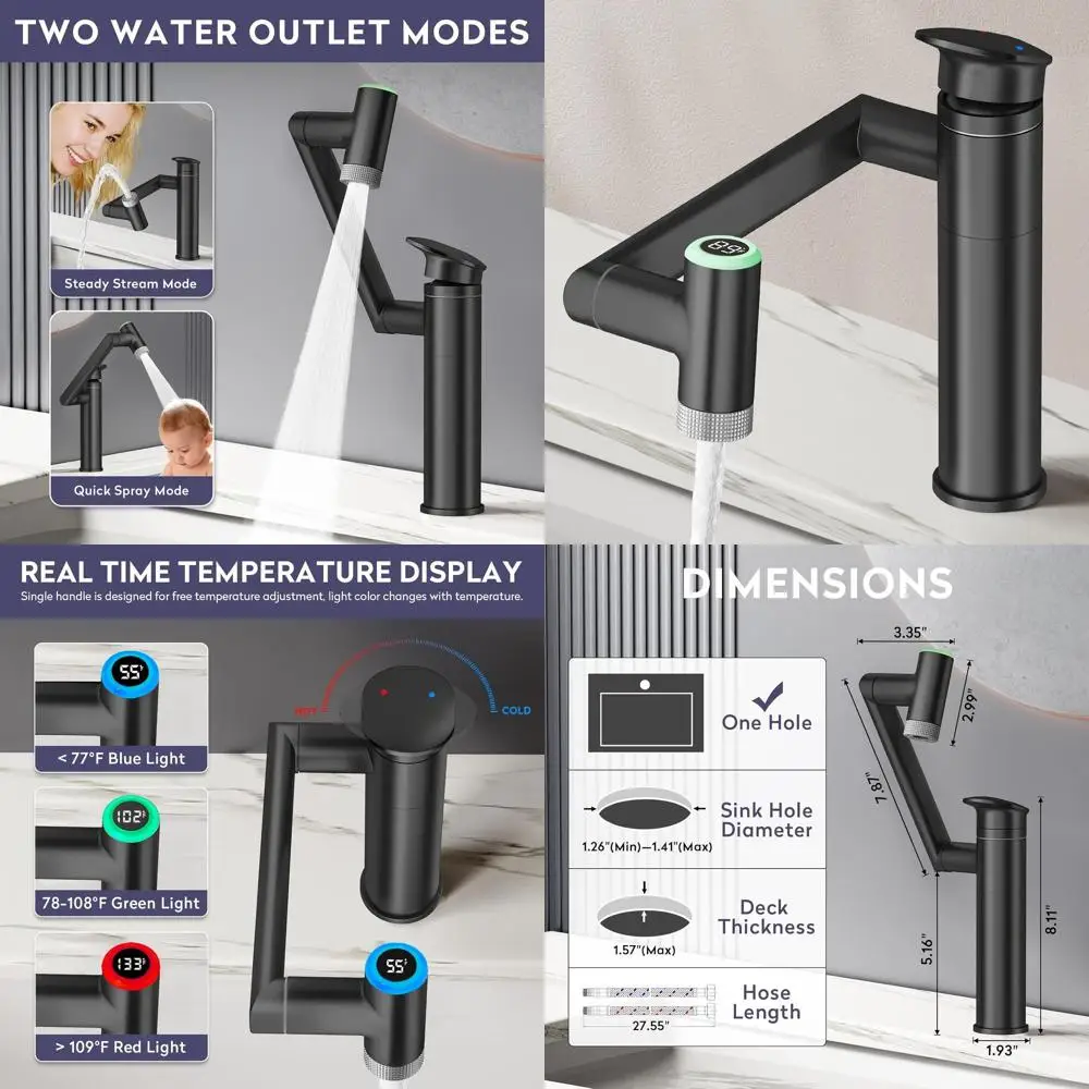 

Adjustable Height, 1080° Rotatable, LED Color-Changing Single Hole Bathroom Faucet with Temperature Display (Black)