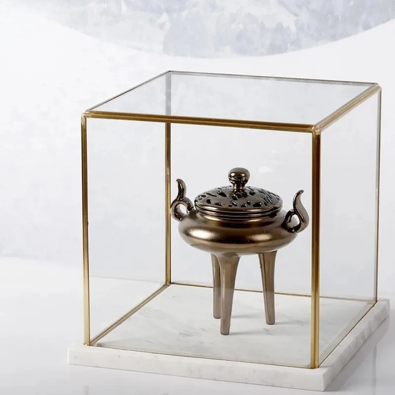 Transparent Glass Cover Marble Tray Base Display Box Dust Cover Decorative Shelves Glass Case Display Shelves Storage Tray