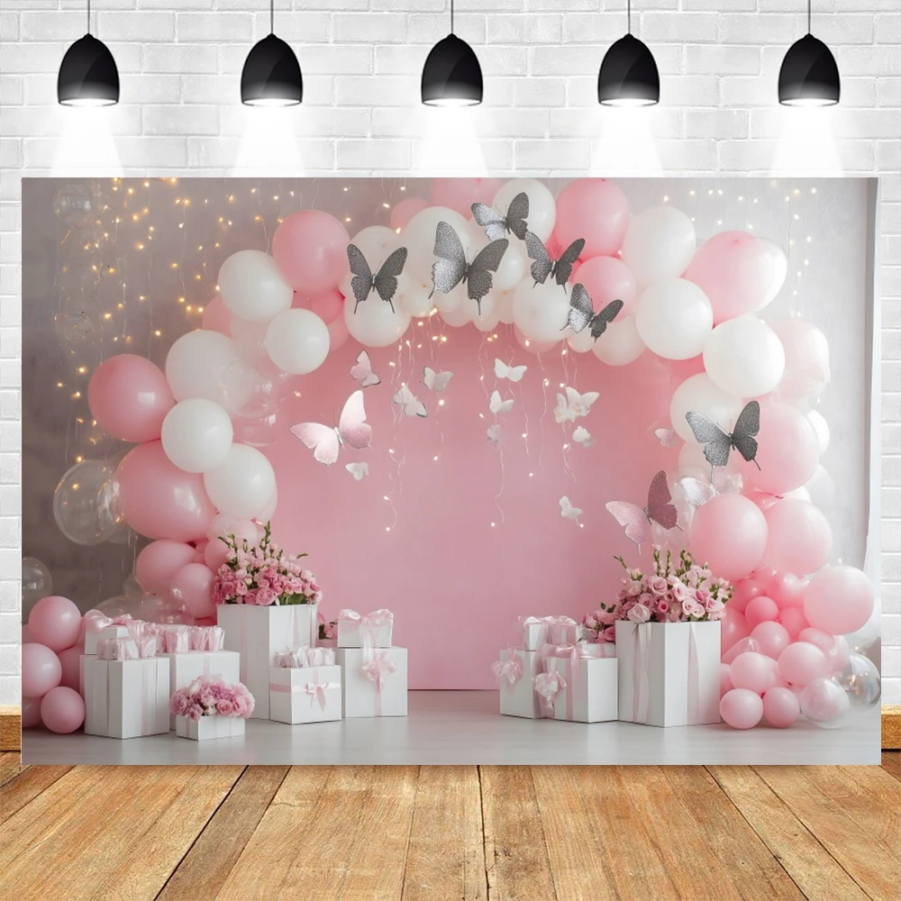 Girls 1st Birthday Party Backdrop Pink Arch Balloon Butterfly Newborn Baby Shower Cake Smash Decoration Photography Background