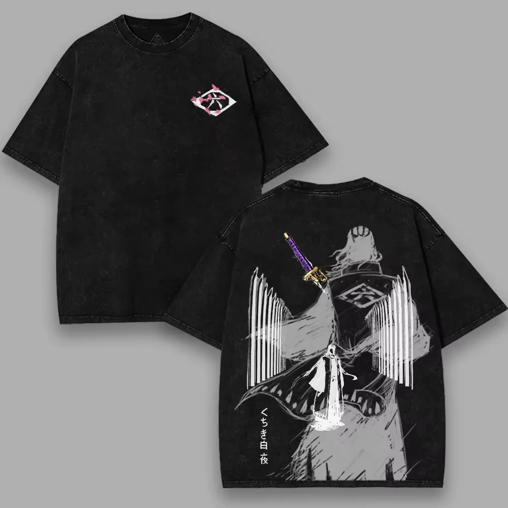 BLEACH Kuchiki Byakuya T-shirt Anime Vintage Washed Oversized Tee Shirt Summer Short Sleeve 100% Cotton Men's Clothing Tops