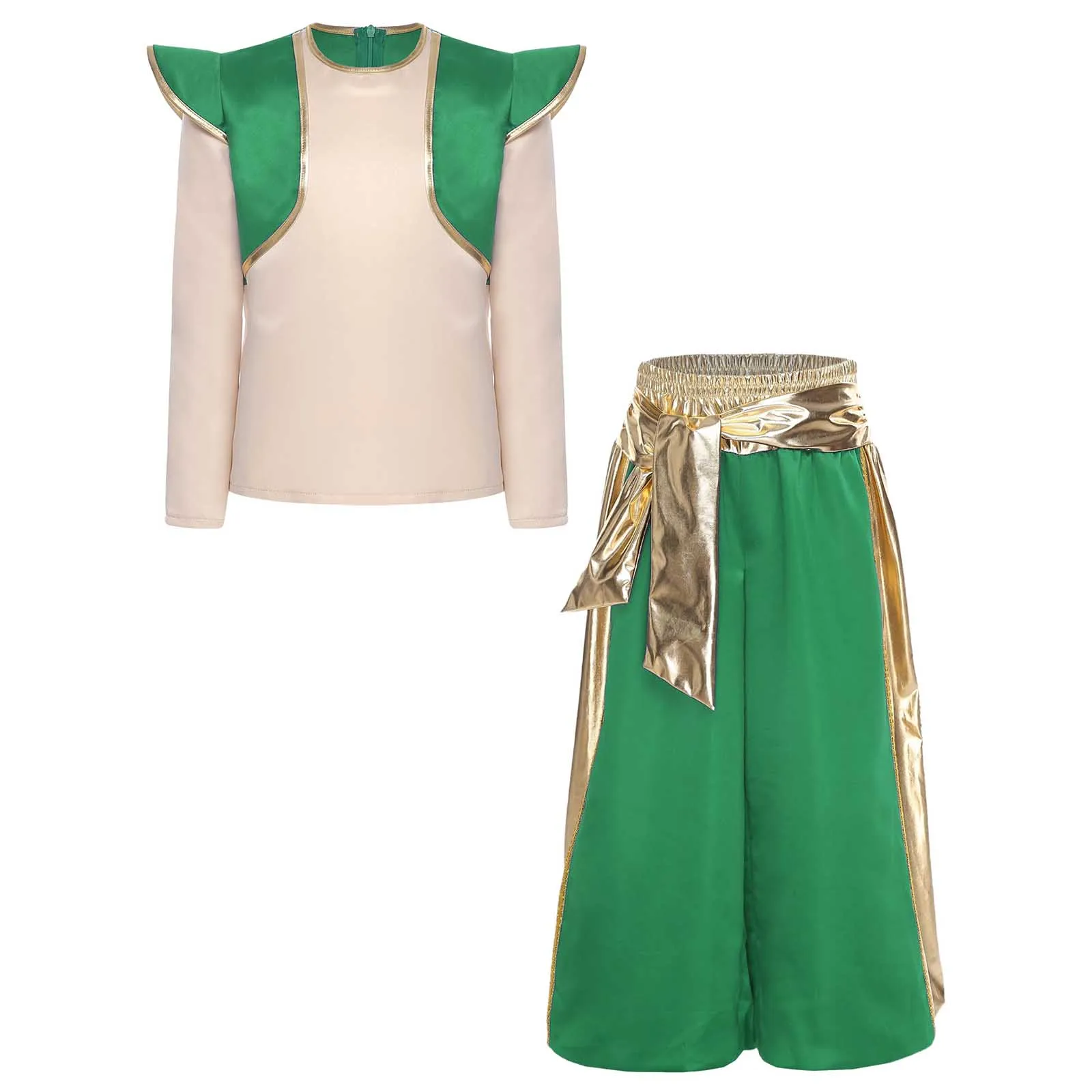 

Boys Halloween Outfit Long Sleeve Shirt Top And Metallic Shiny Contrast Color Harem Pants for Arabian Prince Lamp Elf Cosplay
