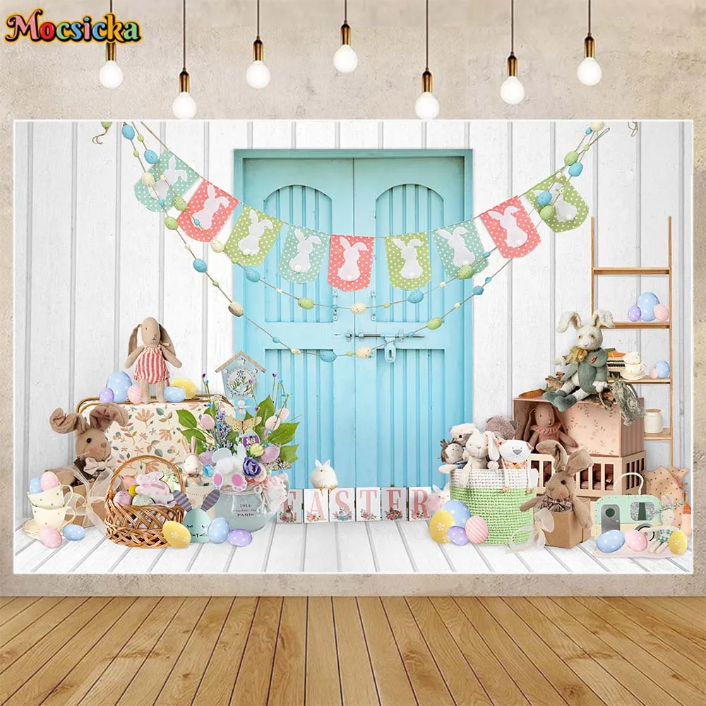 

Happy Easter Bunny Eggs Backdrop White Floor Wall Blue Door Baby Child Photography Background Photo Studio for Photo Shoot Props