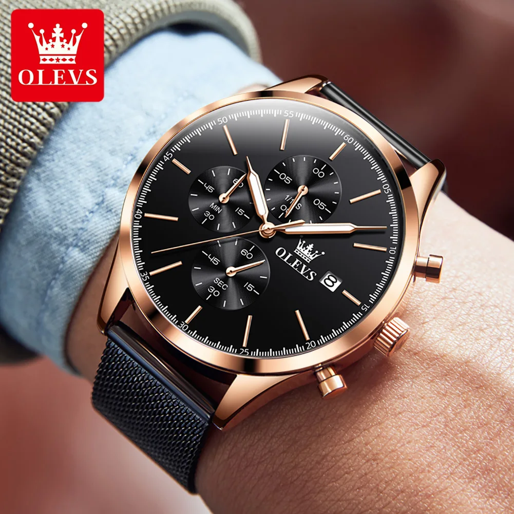 OLEVS Chronograph Men\'s Watches Fashion 42mm Dial Original Quartz Wristwatch Waterproof Stainless Steel Mesh Strap Watch for Men