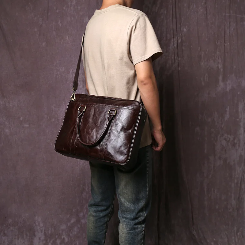 JLFGPJ Tree Cream Top Layer Cowhide Large Capacity Handbag Men's Genuine Leather Business Fashion Crossbody Briefcase