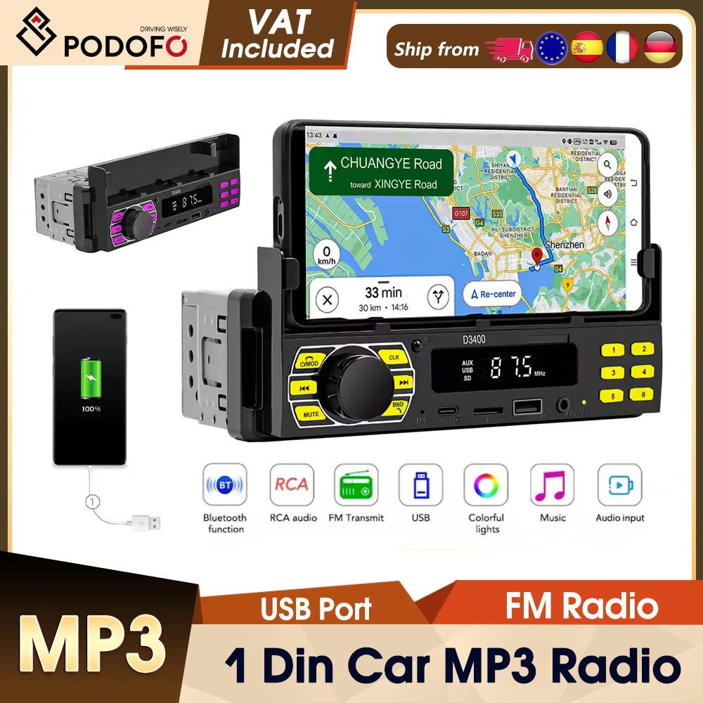 Podofo 1DIN Autoradio FM Audio Stereo 12V Bluetooth Typ-C Anschluss USB/SD/AUX-IN mit Handyhalterung